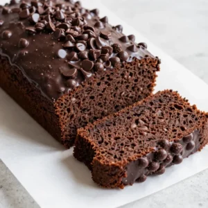 A freshly baked loaf of high-protein chocolate banana bread on a wooden cutting board.
