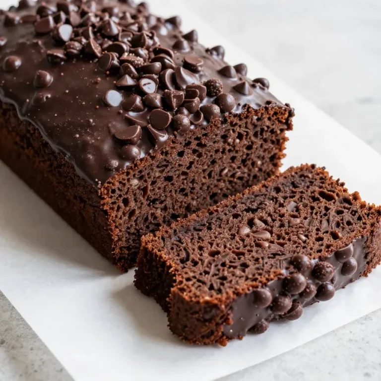 A freshly baked loaf of high-protein chocolate banana bread on a wooden cutting board.
