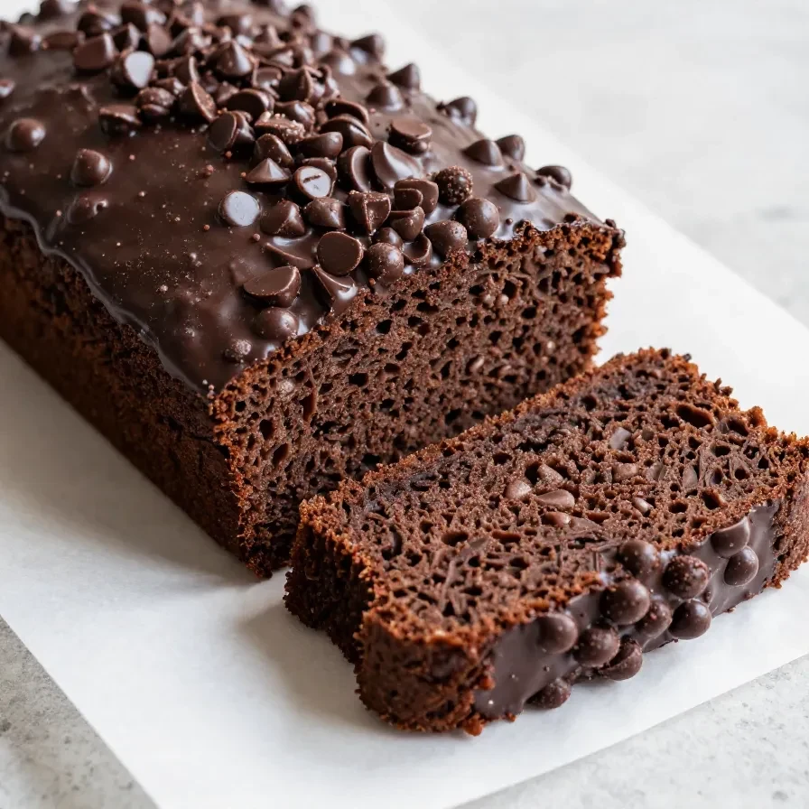 A freshly baked loaf of high-protein chocolate banana bread on a wooden cutting board.