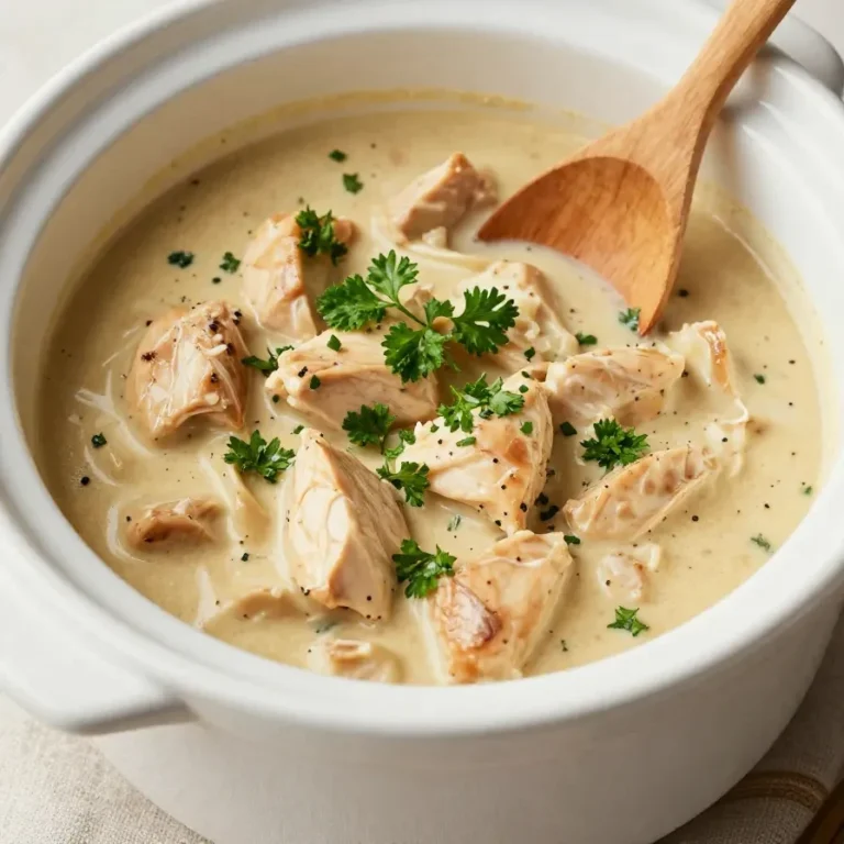 A bowl of creamy slow cooker chicken stroganoff garnished with fresh parsley.
