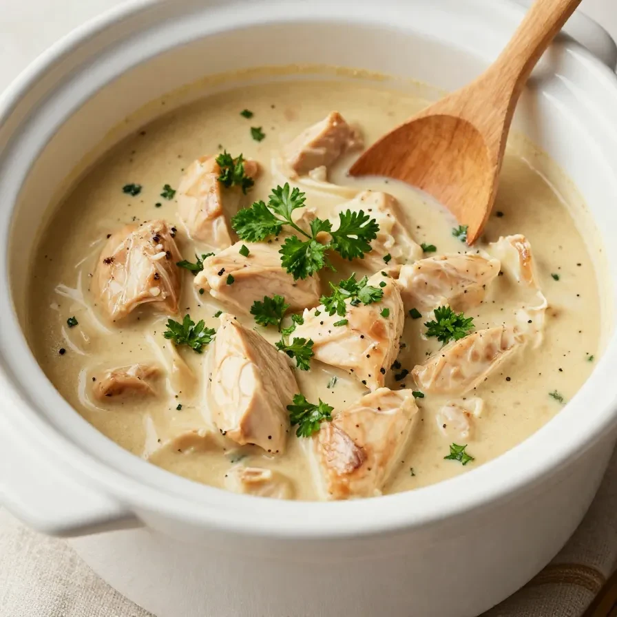 A bowl of creamy slow cooker chicken stroganoff garnished with fresh parsley.