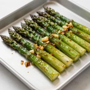 A close-up of roasted asparagus spears topped with garlic and Parmesan cheese on a baking tray.
