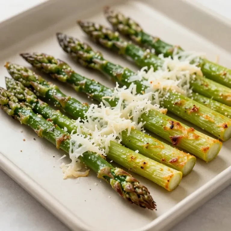 A plate of roasted asparagus topped with melted cheese and herbs.