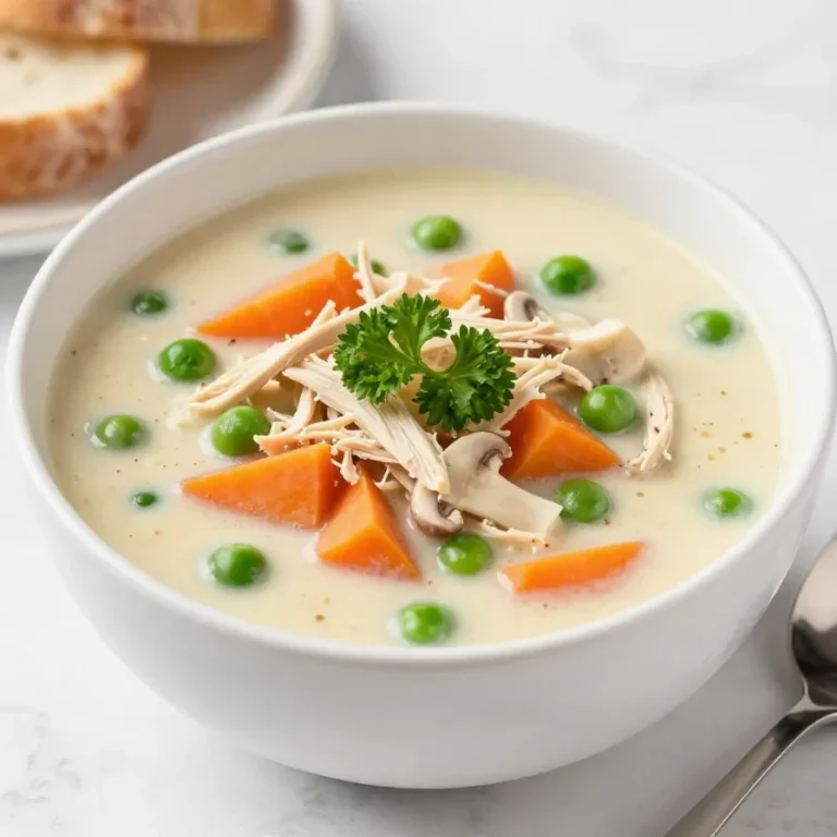 A bowl of creamy chicken pot pie soup topped with fresh parsley and served with a side of crusty bread.