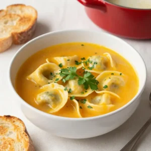 A bowl of warm tortellini soup with autumn vegetables and fresh herbs.