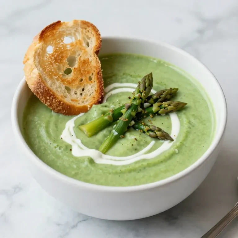 A bowl of creamy asparagus soup garnished with fresh herbs and served on a wooden table.