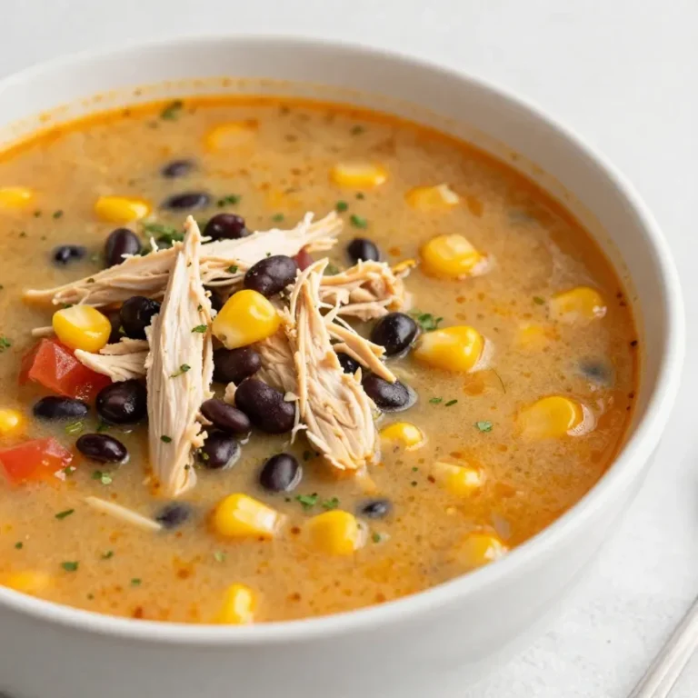 Bowl of easy chicken enchilada soup garnished with fresh cilantro and tortilla strips.