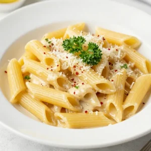 A creamy garlic pasta served in a white bowl with fresh parsley garnish.