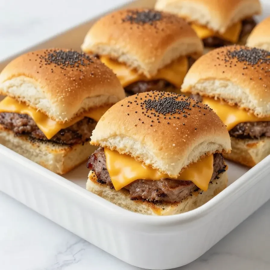 A close-up of freshly baked ham and cheese sliders on a wooden serving tray.