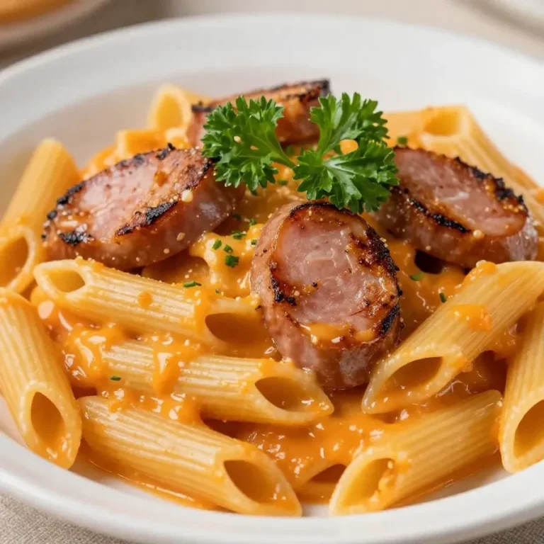 A bowl of creamy spicy Cajun sausage pasta topped with fresh parsley.