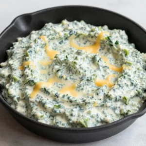Close-up of a creamy spinach artichoke dip served in a white bowl, surrounded by crackers and sliced bread.