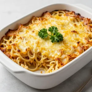 A freshly baked casserole dish of Million Dollar Spaghetti topped with melted cheese and garnished with parsley.
