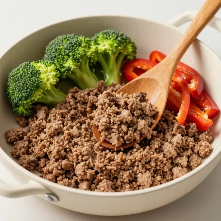A plate of ground beef and broccoli stir-fry served on a white dish.