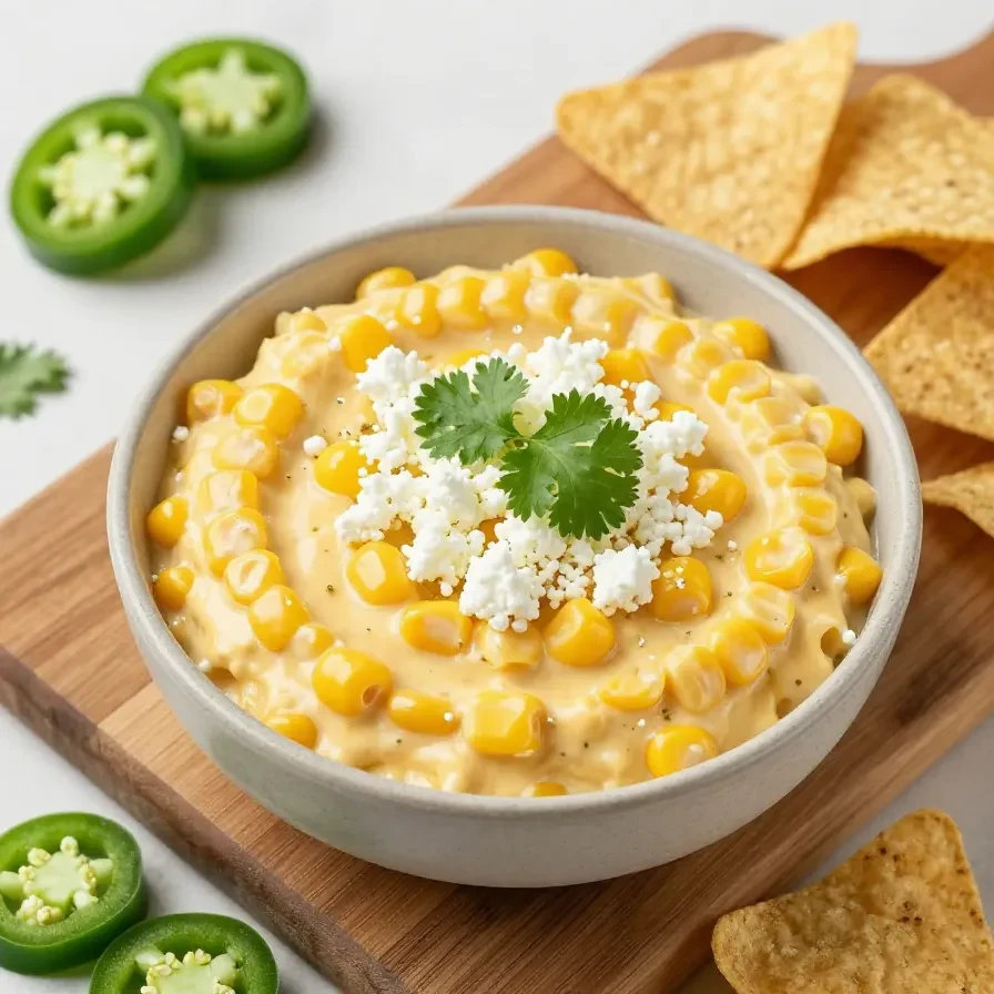 A bowl of creamy crack corn dip garnished with fresh herbs on a wooden table.