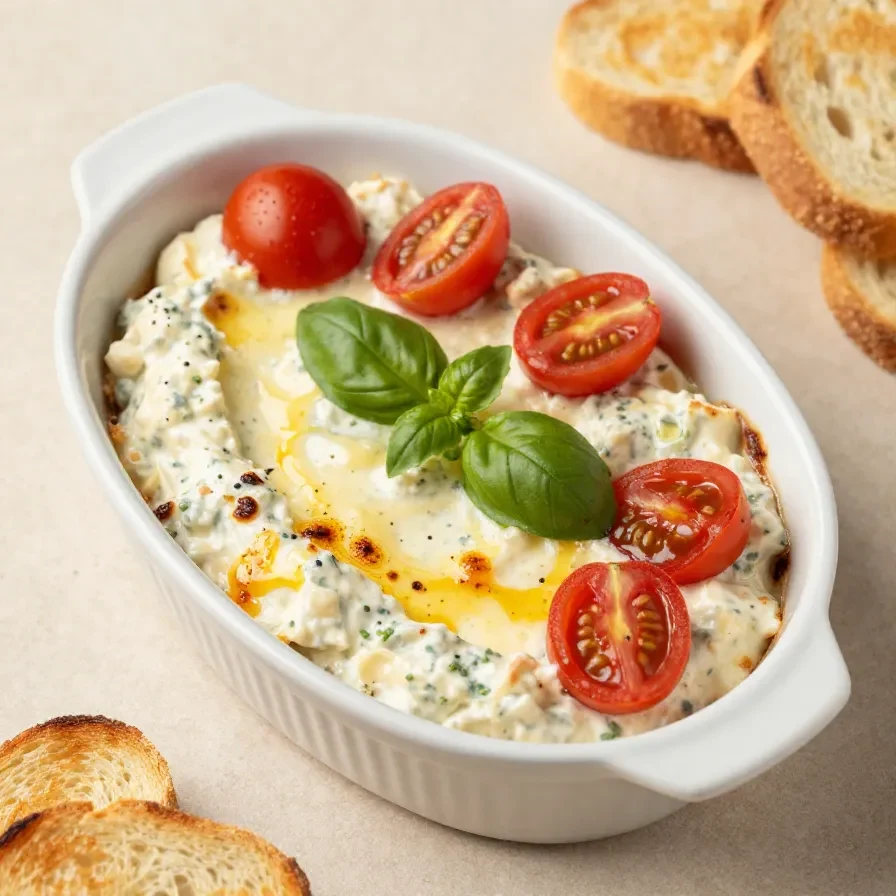 A close-up of a baked Caprese dip topped with melted mozzarella, fresh basil, and cherry tomatoes in a white dish.