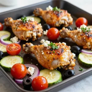 A sheet pan filled with Greek-style roasted chicken, potatoes, and vegetables garnished with fresh herbs.
