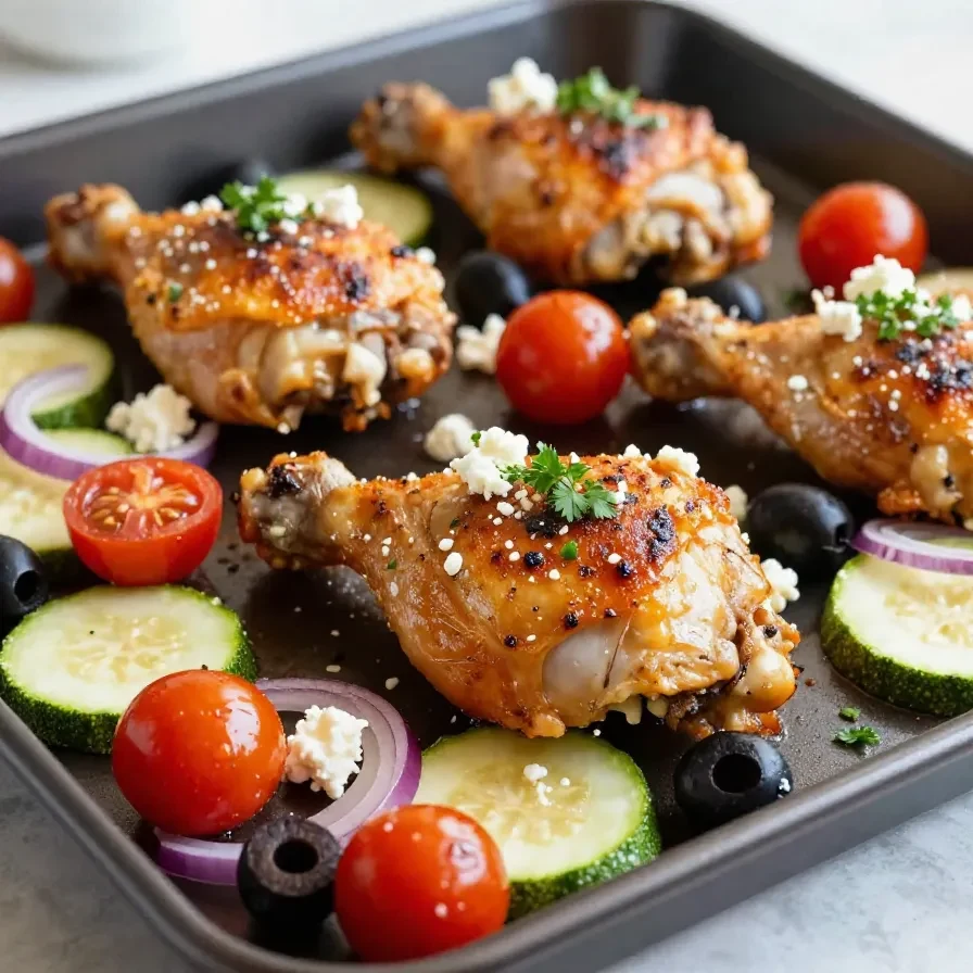 A sheet pan filled with Greek-style roasted chicken, potatoes, and vegetables garnished with fresh herbs.