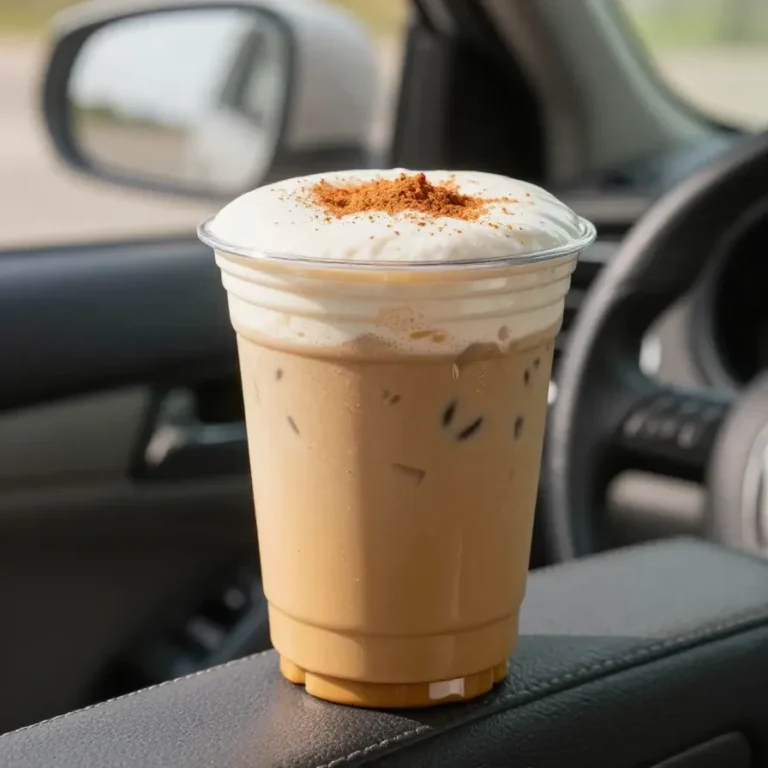 A Starbucks Pumpkin Cream Cold Brew in a clear cup topped with pumpkin cream foam and a dusting of spice.