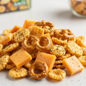 A bowl of ranch trail mix snack mix with pretzels, nuts, cereal squares, and seasoned crackers.