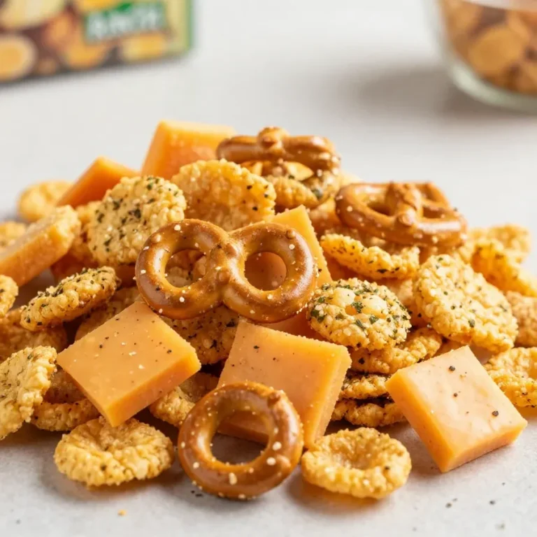 A bowl of ranch trail mix snack mix with pretzels, nuts, cereal squares, and seasoned crackers.