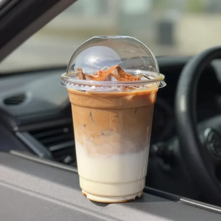 A steaming mug of vegan pumpkin spice coffee topped with dairy-free foam and a sprinkle of cinnamon on a cozy autumn table