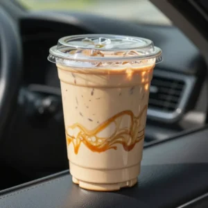 A Starbucks iced pumpkin spice chai latte served in a clear cup with ice and creamy foam on top.