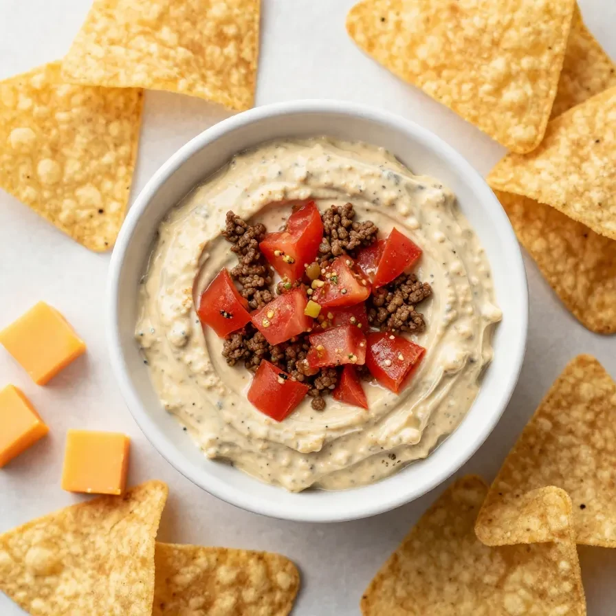 A bowl of creamy Rotel dip with ground beef, melted cheese, and diced tomatoes served with tortilla chips