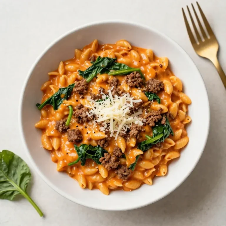 A bowl of ground beef orzo topped with tomato cream sauce and fresh herbs.