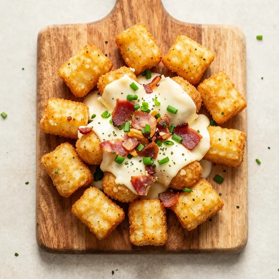 A skillet of loaded tater tots topped with melted cheese, crispy bacon, sour cream, and sliced green onions.
