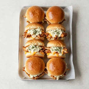 Buffalo chicken sliders served on toasted buns with melted cheese and a side of celery and ranch dressing