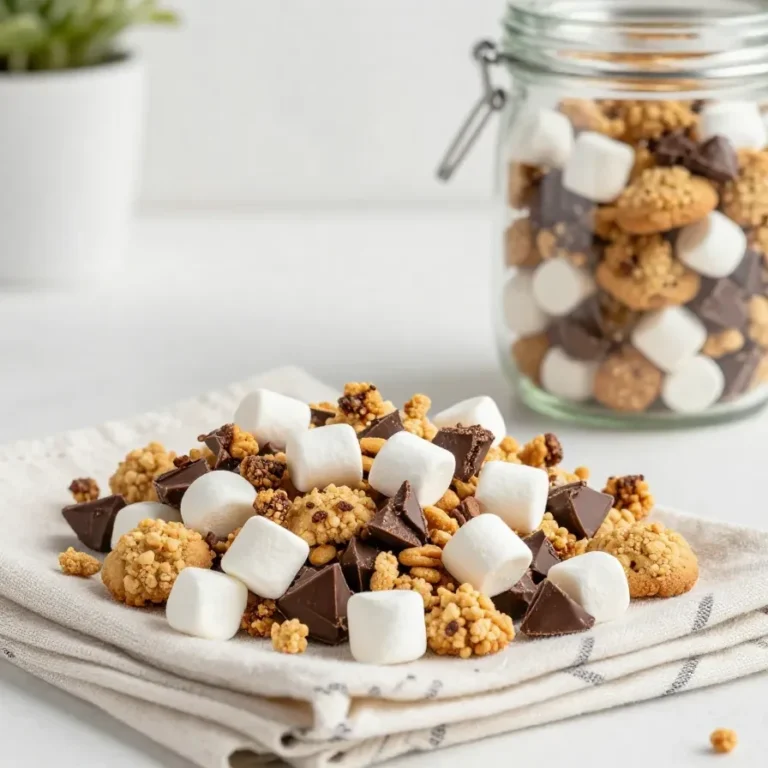 A bowl of S'mores trail mix with chocolate chips, mini marshmallows, graham cracker pieces, and nuts on a wooden table