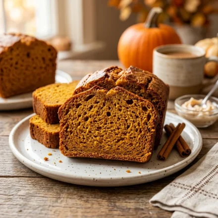 A sliced loaf of freshly baked pumpkin bread on a wooden cutting board with a knife nearby.