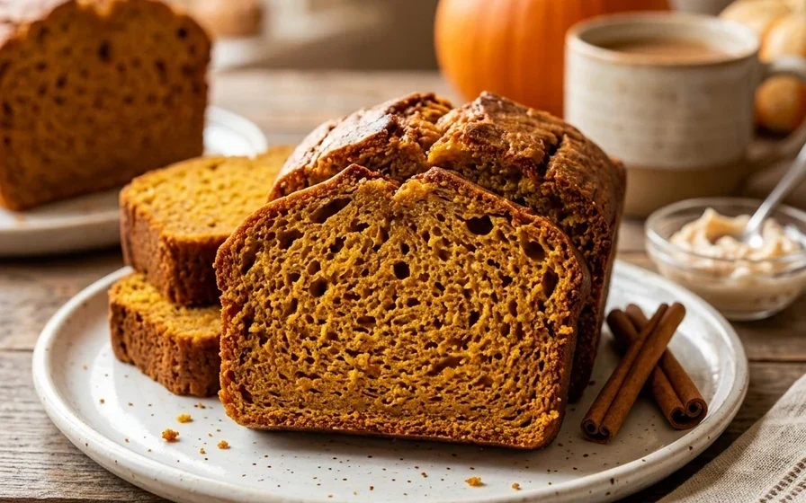 Pumpkin Bread Recipe A sliced loaf of freshly baked pumpkin bread on a wooden cutting board with a knife nearby.
