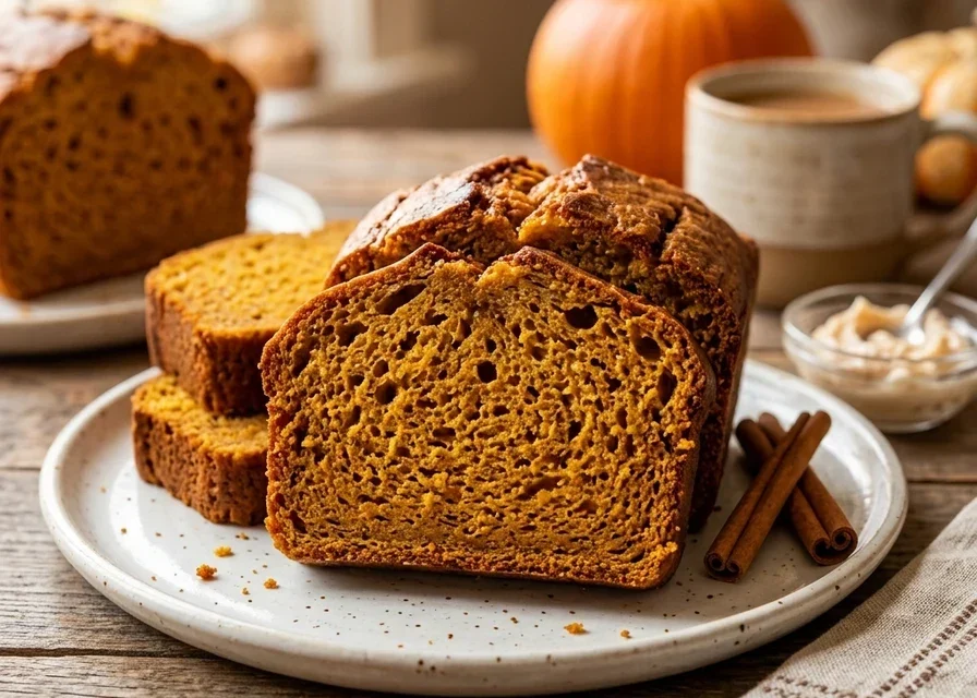 A sliced loaf of freshly baked pumpkin bread on a wooden cutting board with a knife nearby.