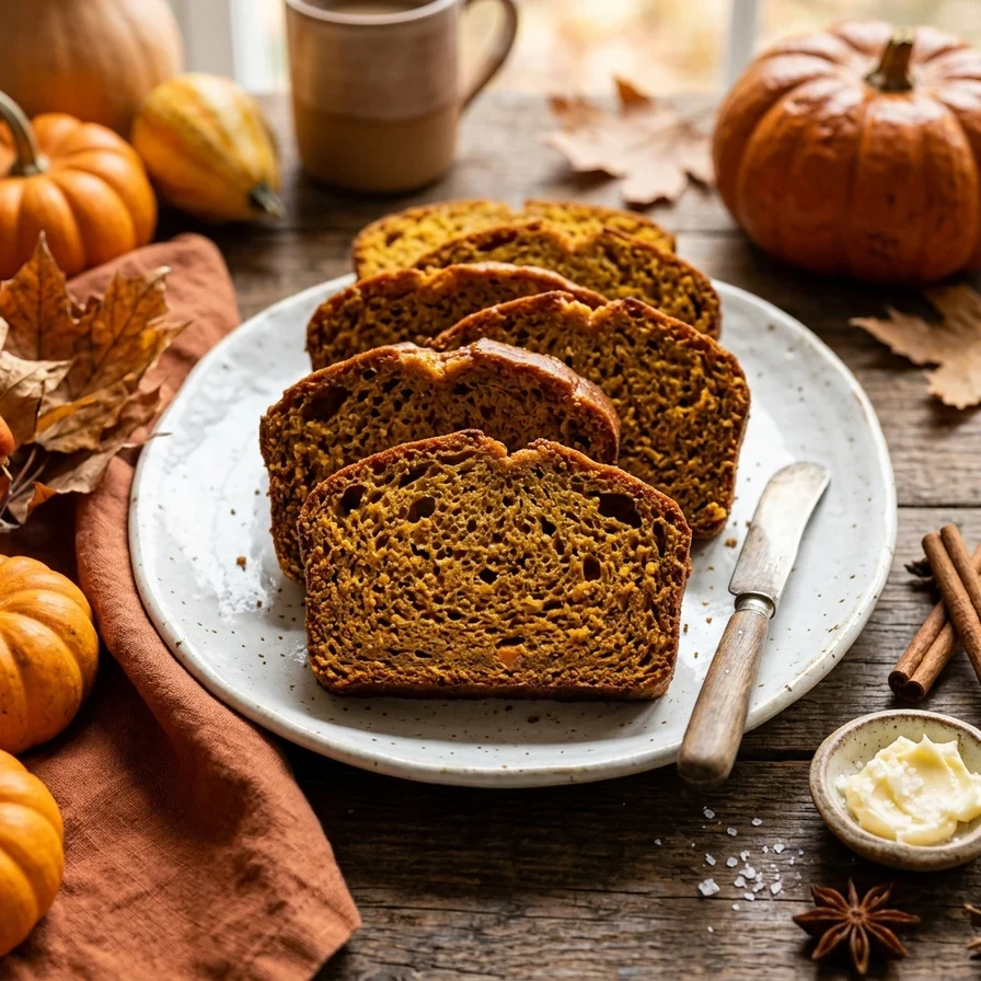 A sliced loaf of freshly baked pumpkin bread on a wooden cutting board with a knife nearby.
