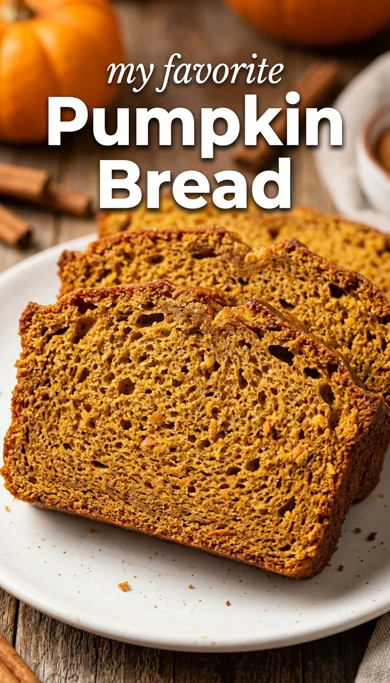 A sliced loaf of freshly baked pumpkin bread on a wooden cutting board with a knife nearby.